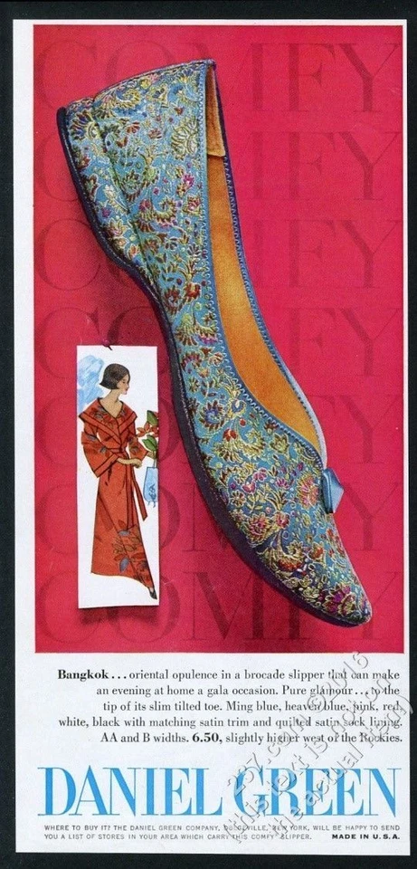 1963 Daniel Green Bangkok Mujer Brocado Zapatillas Zapatos Vintage Estampado Anuncio Foto 1 de 1