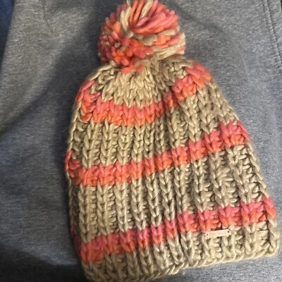 New Free People Hat Beanie Striped Pom Pom Camel Tan Pink Coral O/S NWT - Image 1 of 4
