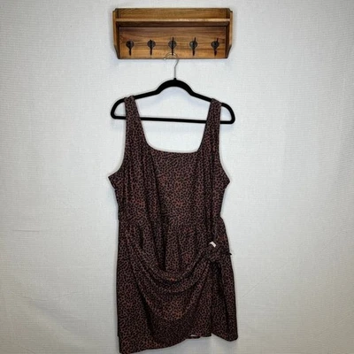 Antiguo Vestido de Natación Azul Marino Marrón Estampado de Leopardo Cuello Cuadrado Detalle de Corbata Cubrir Foto 1 de 4