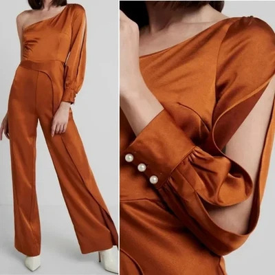 Foxiedox Womens Burnt Orange One Shoulder Slit Sleeve Satin Winter Jumpsuit L - Image 1 of 4
