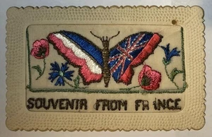 Butterfly UK France Flags Silk Embroidered 1910s WWI Antique Postcard Rare - Picture 1 of 2