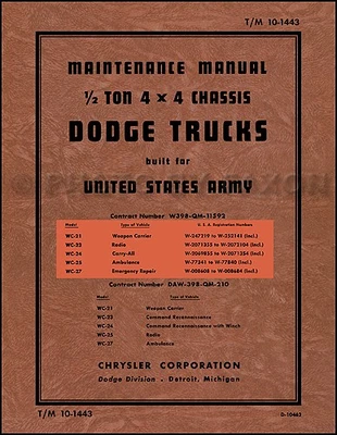 1941-1947 Dodge Wc Mezza Ton Militare Camion Negozio Manuale 4x4 Riparazione - Immagine 1 di 4
