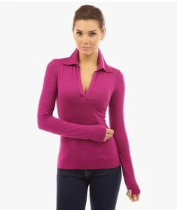 Patty Boutik Womens XL Long Sleeve Bodycon V-Neck Stretch Polo Shirt Rose Pink - Picture 1 of 2