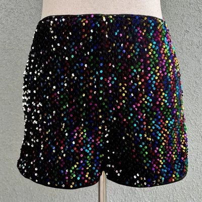 SHEIN Black Velvet Rainbow Sequins Shorts Size L 12 Stretch Festival Party Soft - Image 1 of 4