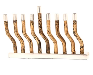Gold Metal Menorah - With Swirl Design - 9.5" Wide x 6" High x 1.25" Deep - Picture 1 of 1
