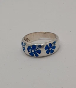 Hibiscus Ring Blue Enamelled Size O 925 Silver Beach Jewellery Y2K Vintage NOS - Picture 1 of 7