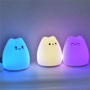 Kids Silicone Change Light 7 Color Cute USB Night Room Lamp Rechargeable Cat LED