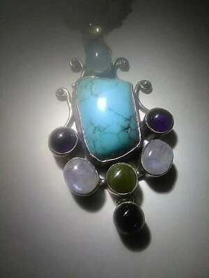 Genuine Turquoise Bead Necklace with Amethyst Cabochon and Moonstone Pendant - Image 1 of 4