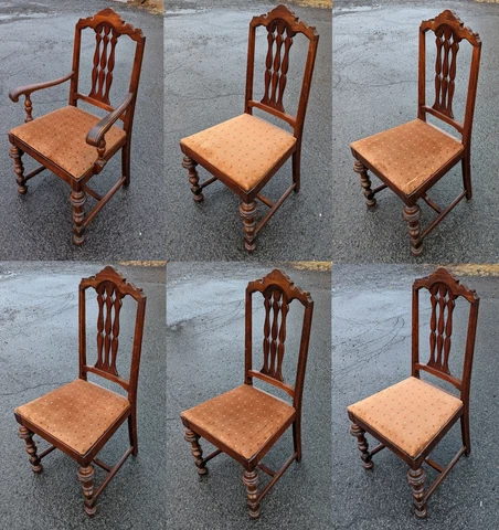 Set 6 Vintage Antique "Rockford" Walnut Wood Wooden Fabric Dining Chair Armchair Cover