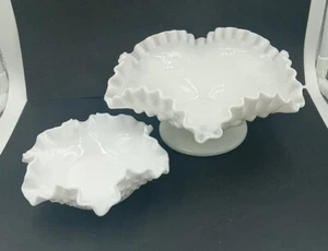 2 Fenton Hobnail Candy Dishes Ruffled Edge Milk Glass Vintage Bowls 8" And 5" - Picture 1 of 10