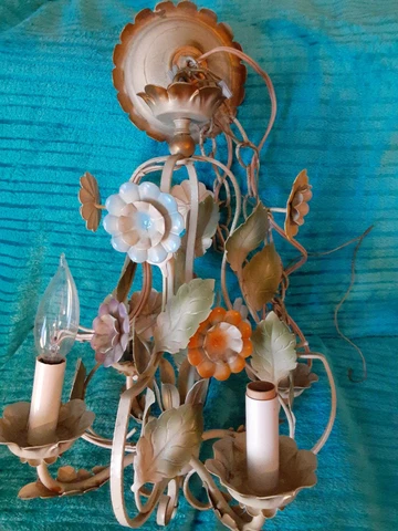 Vintage 50s Metal Shabby Chic Floral Leaf Hanging 4 Light Chandelier Italy Cover