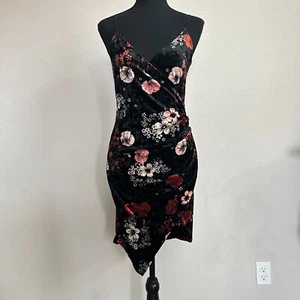 Whimsygoth Faux Wrap Dress Large Velvet Floral Strappy Asymmetrical Stretch - Picture 1 of 9