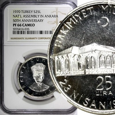 Turkey Silver PROOF 1970 25 Lira NGC PF66 CAMEO Ankara TOP GRADED KM# 897 (035) - Image 1 of 4