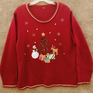 Ugly Christmas Red Sweater  Womens Size L Embellished Tree Reindeer Presents - Picture 1 of 7