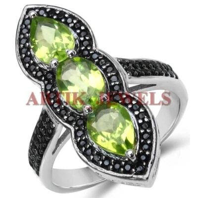 Anillo De Mujer De Peridoto Natural Y Ónix Negro Con Plata Esterlina 925 4450 - Imagen 1 de 4