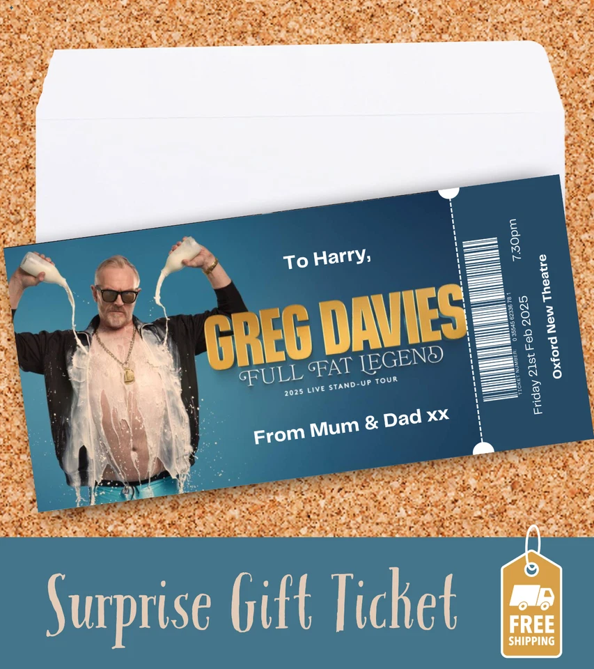 NEWHOUSE LABELS Personalised GREG DAVIES Ticket Gift Voucher Comedy Show Comedian Keepsake