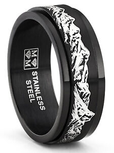 Men's Black Stainless Steel Fidget Ring Anxiety Wedding Band Outdoor Engraved