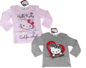 Girls Hello Kitty Pink Grey Cotton Frill Shoulder Long sleeve Casual Blouse Tops - Picture 1 of 18