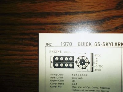 1970 Buick & GS Series 285 HP 350 CI V8 4BBL SUN Tune Up Chart Ótimo Estado! - Imagem 1 de 4