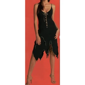 Boutique Europa Usado en Excelente Condición Pañuelo Acanalado Corbata Vestido Midi Pequeño Negro Caqui - Imagen 1 de 16