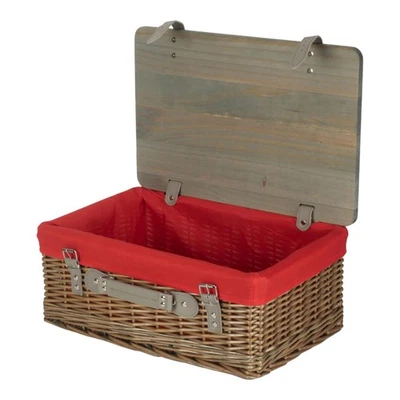 41cm Antique Wash Red Lined Willow Empty Picnic Basket with Pinewood Lid - Image 1 of 4