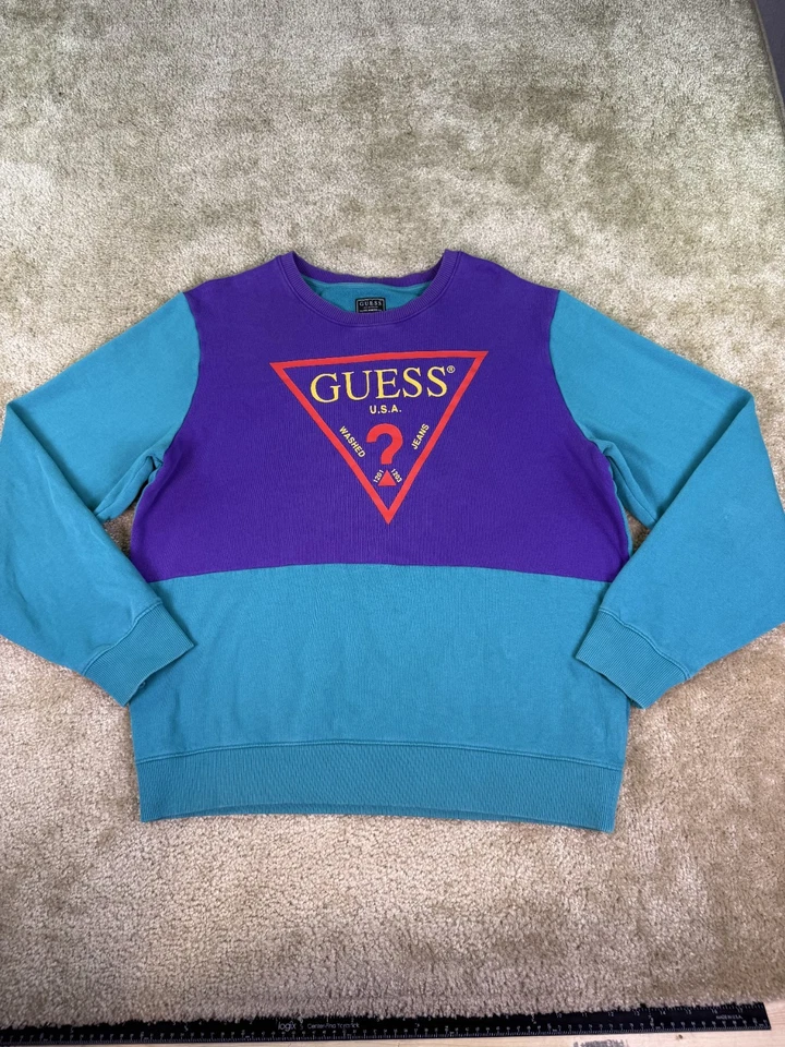 Guess винтажный большой логотип толстовка размер большой синий бирюзовый / фиолетовый C945 - Изображение 1 из 4