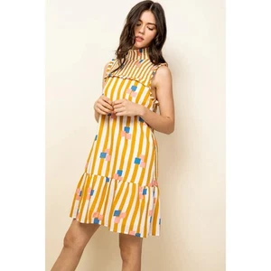 THML Dress Women’s M Short Smocked Neck Yellow Stripe Mod Geo Print Ruffle - Picture 1 of 10