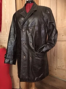 MENS HELIUM LEATHER JACKET DARK BROWN DOUBLE BREASTED BLAZER COAT RETRO TRENCH L - Picture 1 of 15