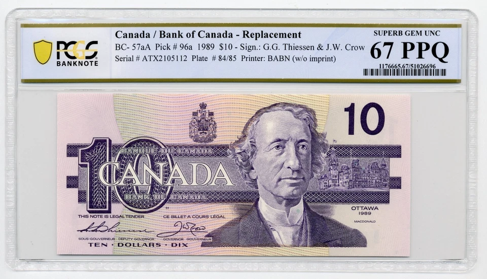 1989 $10 Canada, BC-57aA, ATX Replacement - Superb GEM UNC PCGS MS67 PPQ - Image 1 of 2