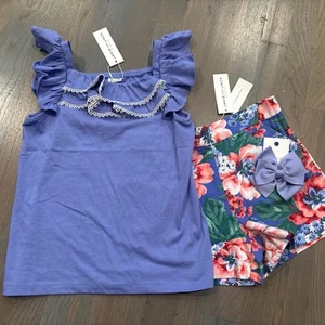 NWT Janie and Jack girl SUMMER purple pink floral shorts 3-piece bow SET 10 - Picture 1 of 8