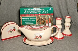 SNOWMAN STONEWARE SET GRAVY BOWL & SAUCER 2 CANDLES STICKS & 1 NAPKIN HOLDER - Picture 1 of 14