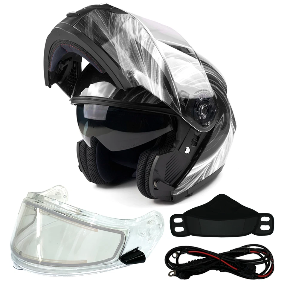 Black White Adult Modular Flip Up Snowmobile Helmet w/ Dual Lens Heated Shield - Image 1 of 4