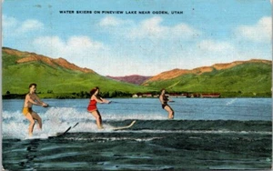 Ogden UT Water Skiers Skiing Pineview Lake Utah Linen postcard NQ9 - Picture 1 of 2