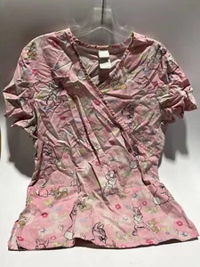 Disney Women's Pink Scrub Top Shirt Size Medium Thumper Hearts Bunny Love Bambi - Picture 1 of 3