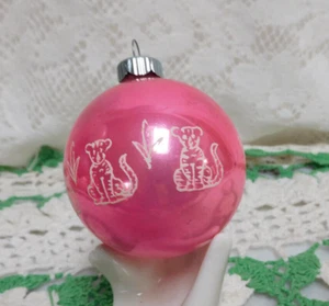 VTG Christmas Pink  Tiger Cat Stencil Shiny Brite Glass Ornament Rare Design! - Picture 1 of 10