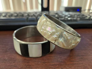 2 PCS MOP ABALONE SHELL INLAY STAINLESS STEEL BANGLE BRACELET 1” - Picture 1 of 3