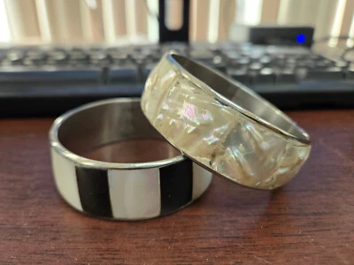 "2 PIEZAS BRAZALETE BRAZALETE DE ACERO INOXIDABLE CON INCRUSTACIÓN DE CARCASA DE ABULÓN FREGONA 1""" Foto 1 de 3