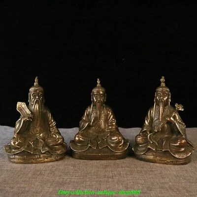 6" Old Chinese Brass Feng Shui Taoism Lord Lao Zi of the Great Monad Statue Set - Image 1 of 4
