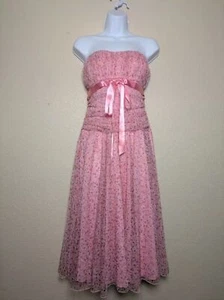 Rosa trägerloses gepunktetes Tüll Midikleid Band Schleife Y2K Kokett Abschlussball Large USA - Bild 1 von 11