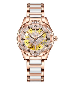 Wristwatch Mechanical Women' s Skeleton Four Leaf Clover Crystal Auto Watches - Picture 1 of 7