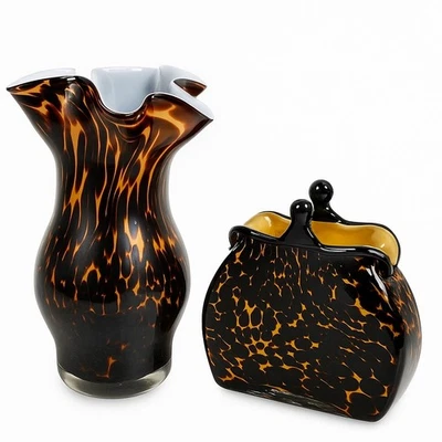 Hand Blown Art Glass Vase & Purse Set Murano Empoli Style Tortoise Shell Cased - Image 1 of 4