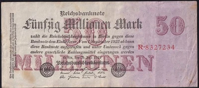 Germany 50 Million Mark 1923 Old Paper Money Hyperinflation Banknote Pick 98a VF - Image 1 of 2
