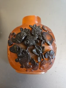Antique Chinese Qing Dynasty Carved Amber High Relief Color Glass Snuff Bottle - Picture 1 of 10