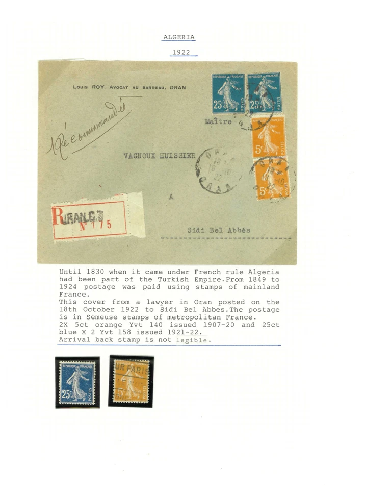 ALGERIA-COVERS-1922 from a lawyer in Oran posted on 18 October to Sidi Bel Abbas - Image 1 of 1