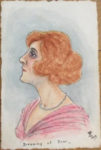 Arte Original 1919 Artista Firmado Postal Mujer Perfil Joyería Francia Francesa - Imagen 1 de 2