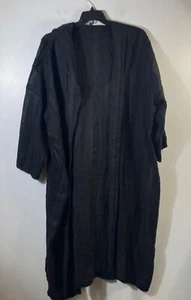 Womens Eskandar Linen Hooded Lagenlook Duster Kimono Robe Jacket 1/ L Black Line - Picture 1 of 15