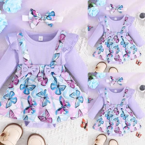 Baby Girl Butterfly Print Romper Long Sleeve Bodysuit Tutu Dress Clothes Outfit - Picture 1 of 10
