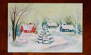 VINTAGE UNBENUTZTE Weihnachtskarte GLITZER GEMÜTLICHE HÄUSER & BAUM GLITZER MidCentury - Bild 1 von 5