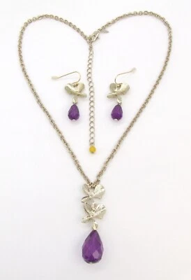 NWOT SAQ Gold Plate Orchid Flower Purple Teardrop Chain Choker Necklace/Earrings - Image 1 of 4