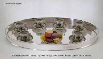 Vassoio da galleria ovale in argento, set di 6 tazzine e piattini da caffè vintage, Herend  - Immagine 1 di 4